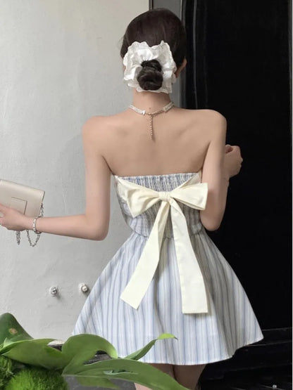Elegante minivestido sin tirantes Y2K para mujer, con lazo y patchwork, corte en A, para fiesta de cumpleaños, moda coreana, para graduación, vestidos cortos para mujer