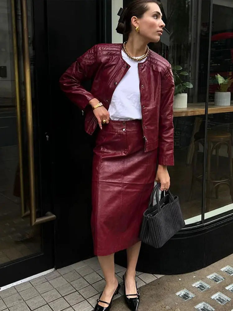 PU Leather Jackets Long Skirts Women’s Set Vintage Solid O-Neck Jackets A-Lined Slim Fit Skirt Sets Female Chic Street Outfits