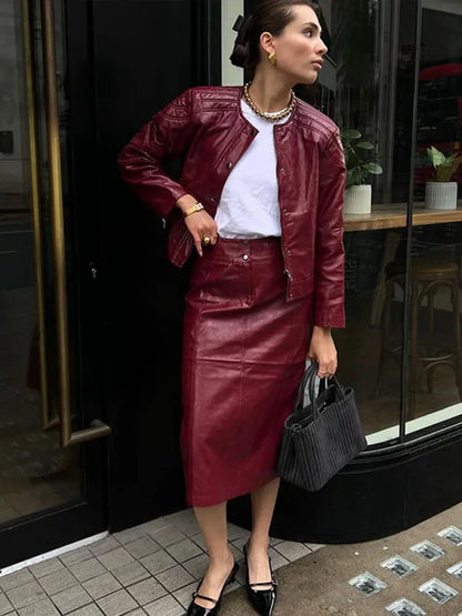 PU Leather Jackets Long Skirts Women’s Set Vintage Solid O-Neck Jackets A-Lined Slim Fit Skirt Sets Female Chic Street Outfits