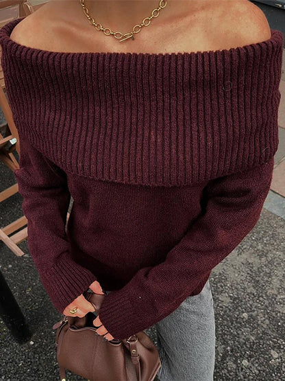 Elegant Knitted Off Shoulder Sweater Women Loose Solid Long Sleeve Pullover Sweaters Lady Spring Versatile Chic Street Knitwear