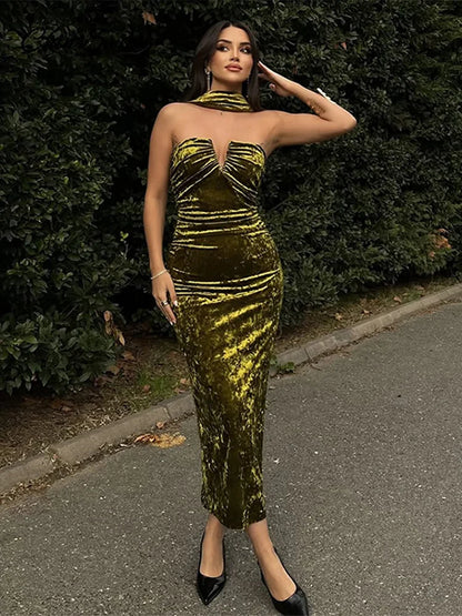 Elegant Halter Velvet Midi Dresses Women Backless Pleated Zipper Green Party Dress Female 2025 Spring Summer Lady Slim Fit Robes