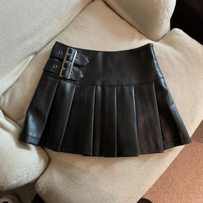 Minifaldas de piel sintética Y2K para mujer, estilo urbano, de cintura alta, plisadas, estilo vintage coreano, negras, ajustadas, informales, de corte A, tallas S-3XL