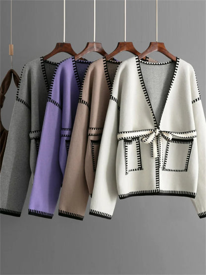 Suéter tipo cárdigan de punto con contraste para mujer, con bolsillos y cordones, manga larga, retazos, abrigo holgado, prendas de punto de otoño, prendas de vestir para mujer