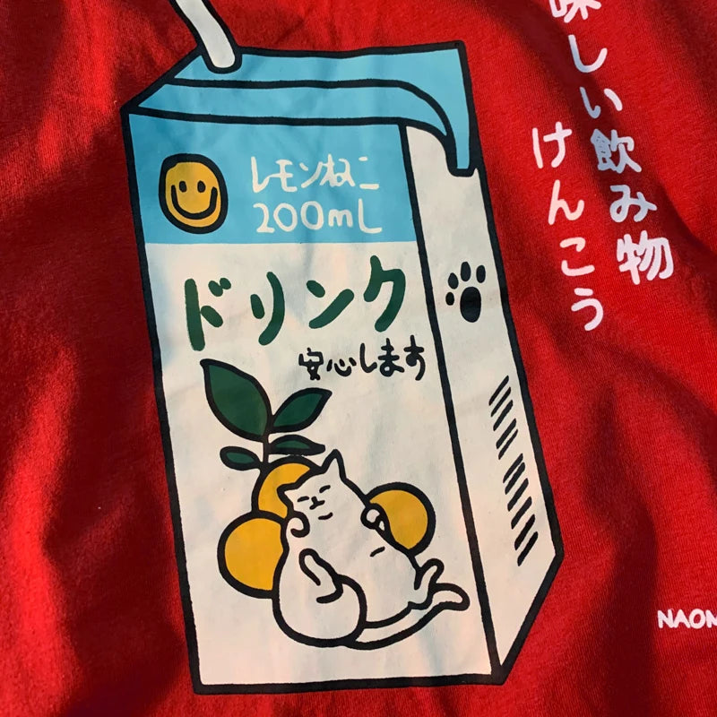 Camiseta holgada informal de manga corta con estampado de gato japonés para hombre y mujer, ropa de calle de algodón, estilo Harajuku