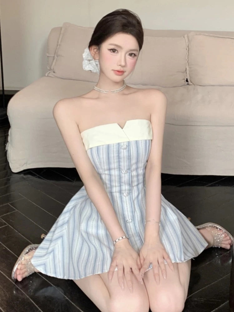 Elegante minivestido sin tirantes Y2K para mujer, con lazo y patchwork, corte en A, para fiesta de cumpleaños, moda coreana, para graduación, vestidos cortos para mujer