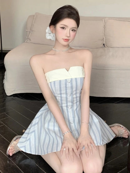 Elegante minivestido sin tirantes Y2K para mujer, con lazo y patchwork, corte en A, para fiesta de cumpleaños, moda coreana, para graduación, vestidos cortos para mujer