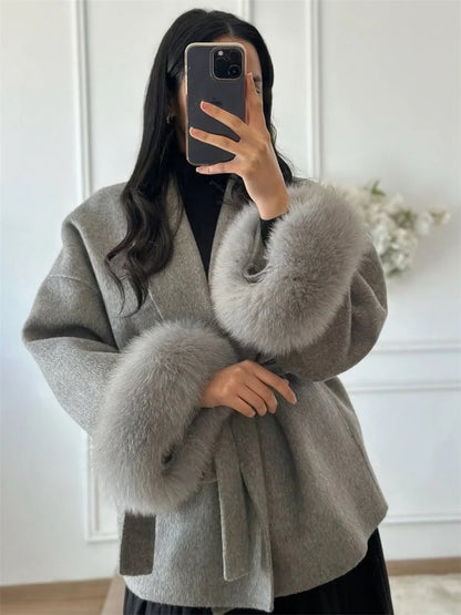 Abrigo de lana de piel de zorro para mujer, abrigo corto de oficina, elegante abrigo de lana de doble cara, chaquetas tipo cárdigan nuevas de 2025, holgadas