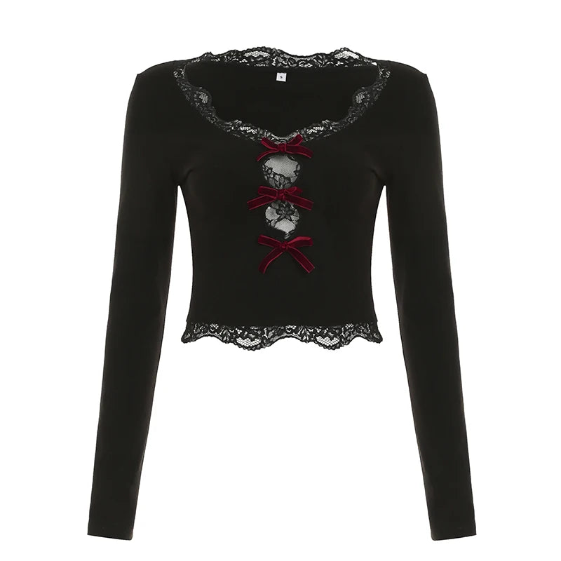 Tops de mujer con cuello en V y lazo de terciopelo con encaje empalmado, manga larga, corte entallado, sexy, moda de otoño, nueva ropa