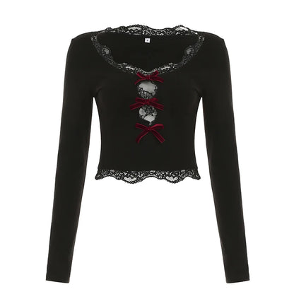 Tops de mujer con cuello en V y lazo de terciopelo con encaje empalmado, manga larga, corte entallado, sexy, moda de otoño, nueva ropa