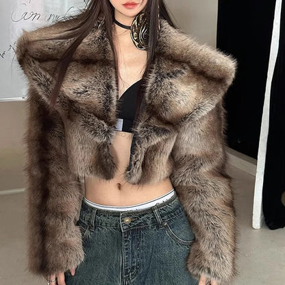 Abrigo corto de piel sintética a rayas retro vintage para mujer, chaqueta de piel de zorro con cuello grande recortada a la moda Y3k para invierno para niña