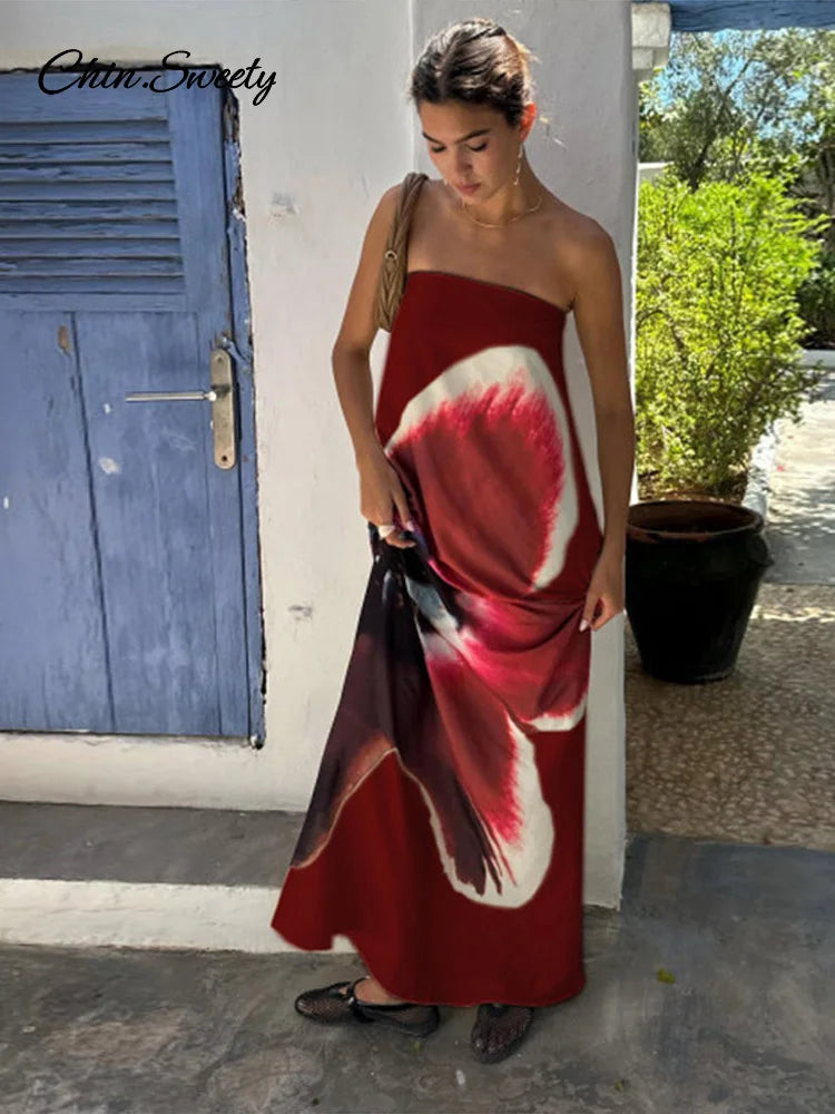 Sexy Floral Printed Strapless Long Dresses Women Loose Off The Shoulder Sleeveless Beach Dress 2025 Summer Lady Vacation Robes