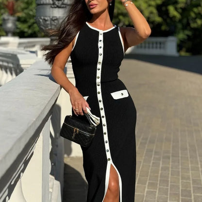 Vestido largo de punto de moda para mujer, elegante, sin mangas, con botones, maxivestido ajustado, vestidos de fiesta de moda para mujer