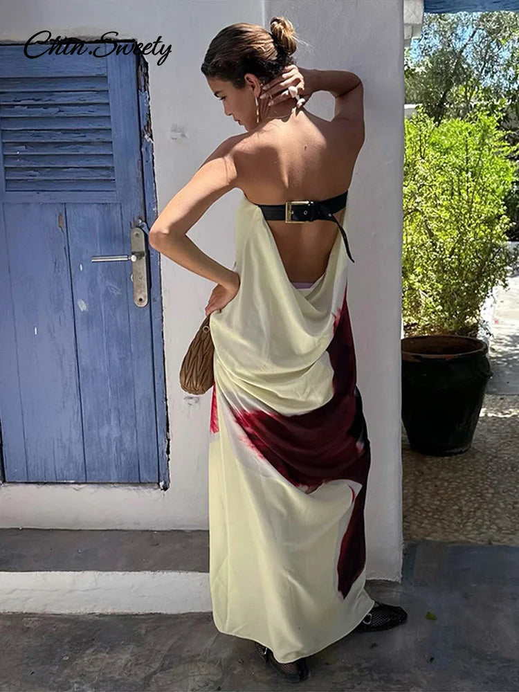 Sexy Floral Printed Strapless Long Dresses Women Loose Off The Shoulder Sleeveless Beach Dress 2025 Summer Lady Vacation Robes