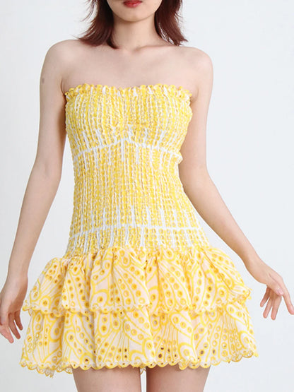 Elegante vestido mini con bordado recortado para mujer, sin tirantes, hombros descubiertos, cintura alta, ropa femenina, verano 2025, 23A430