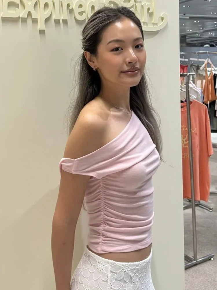 Ropa de verano sexy de colores sólidos para mujer, camisetas casuales de manga corta con cuello oblicuo para mujer, ropa de calle de un solo hombro, top Y2k