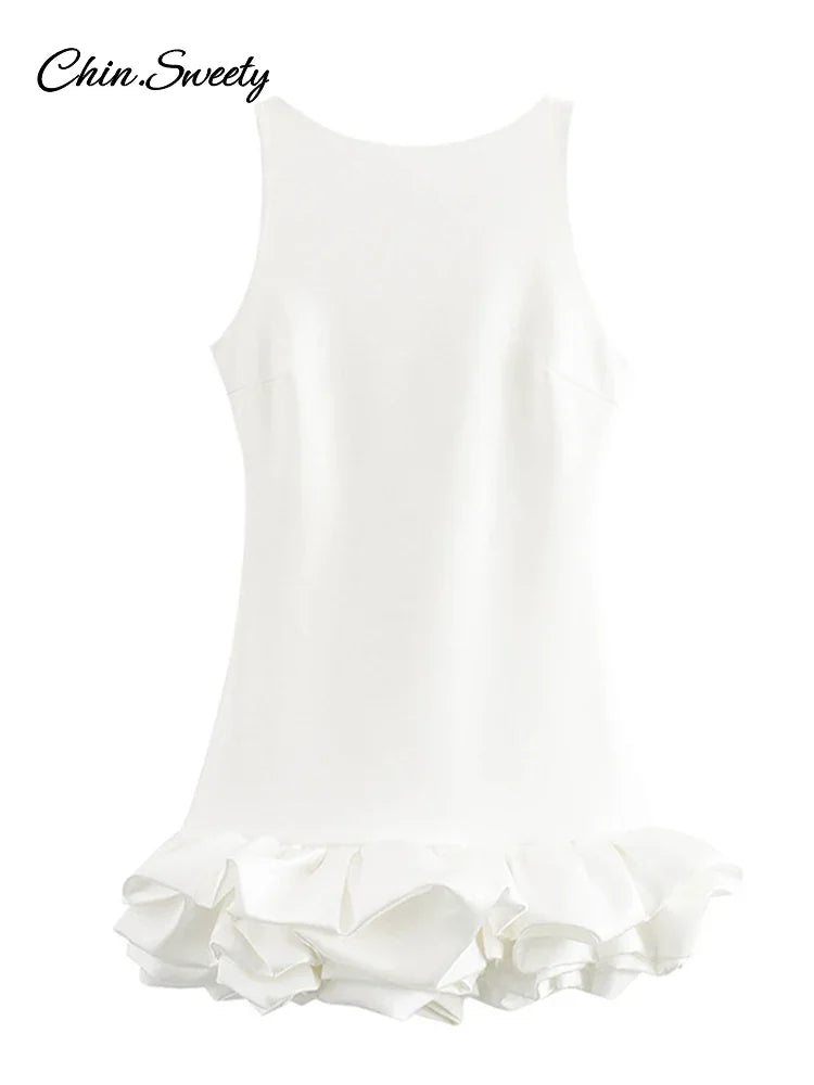 Elegante vestido corto blanco sin mangas para mujer, ajustado, con cuello redondo, espalda descubierta, dobladillo con volantes, vestidos de noche para fiesta, ropa de calle de verano para mujer