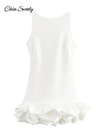 Elegante vestido corto blanco sin mangas para mujer, ajustado, con cuello redondo, espalda descubierta, dobladillo con volantes, vestidos de noche para fiesta, ropa de calle de verano para mujer