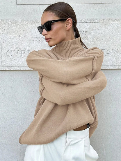 Suéter de cuello alto de punto de invierno para mujer, ropa holgada informal con retazos acanalados, suéter de manga larga de gran tamaño, prendas de punto para mujer