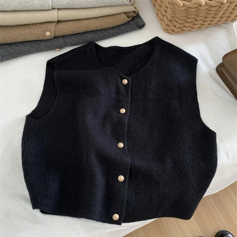 Cárdigan de otoño para mujer, suéter coreano elegante de punto sin mangas, informal, ajustado, a la moda