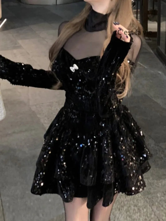 Women Elegant Casual A-Line Black Dress Vintage Velvet Fashion New Party Evening Christmas Vestidos Female Clothes New Mujer