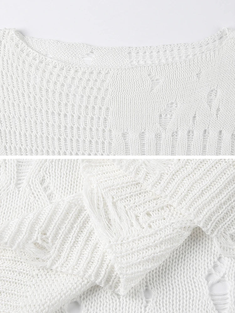 Ripped Women Full Length Pullovers Knitting Loose Casual Beggar Style Hollow Out Lady T-shirt Harajuku Streetwear Y2K
