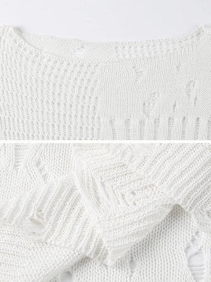 Ripped Women Full Length Pullovers Knitting Loose Casual Beggar Style Hollow Out Lady T-shirt Harajuku Streetwear Y2K