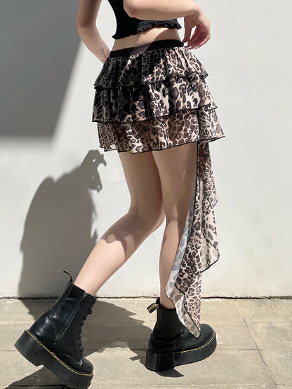 Falda de pastel irregular escalonada Hotsweet para mujer, minifalda con estampado de leopardo elegante Y2k, diseño Gyaru, nueva