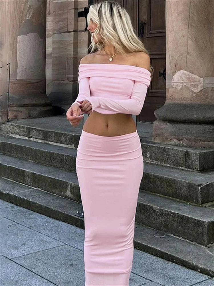 Conjunto informal de dos piezas con hombros descubiertos y falda larga para mujer, con retazos, jersey de manga larga y falda larga, conjuntos para mujer.