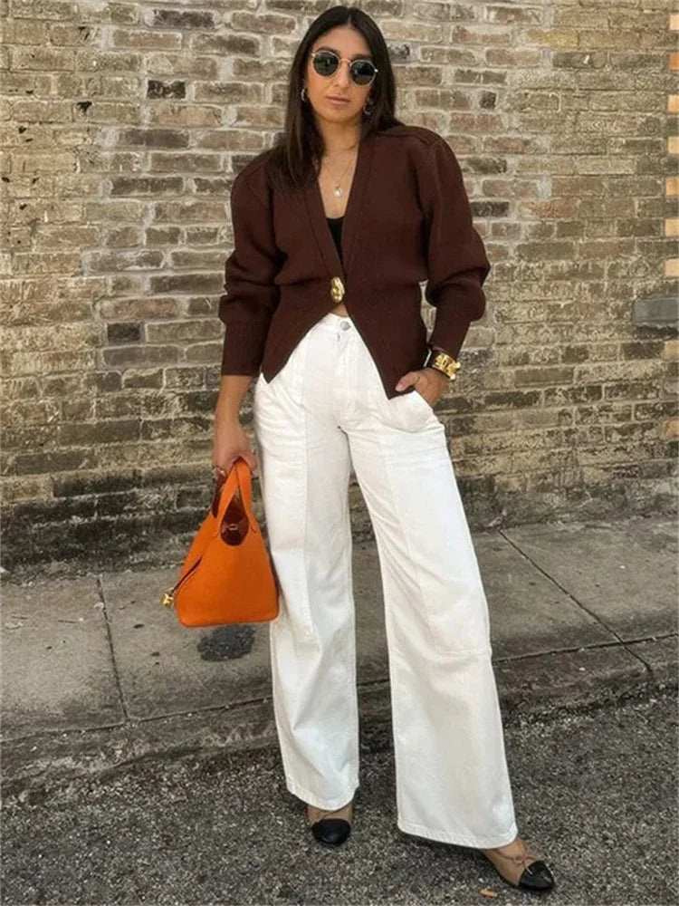Cárdigan de punto con cuello en V para mujer, abrigo de manga larga, moda de otoño, elegante, corto, cárdigan de punto para mujer