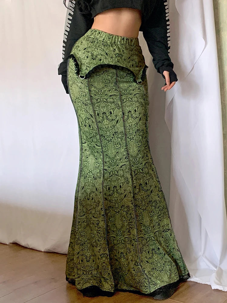 Faldas largas de vacaciones con estampado verde bosque, estilo sirena con ribete de encaje vintage para mujer