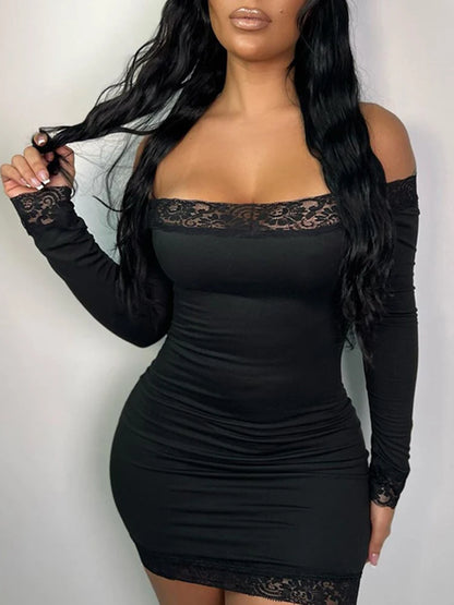 Vestido corto negro de manga larga con hombros descubiertos y ribete de encaje liso y ajustado para mujer, elegante y sexy para fiesta