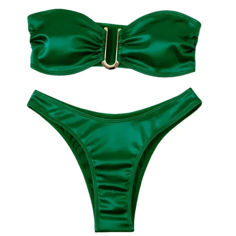 Sexy Bikini Set Bandeau Strapless Wrinkled Bikini Women Swimwear Female Swimsuit Bikini set Bather Bathing Suit