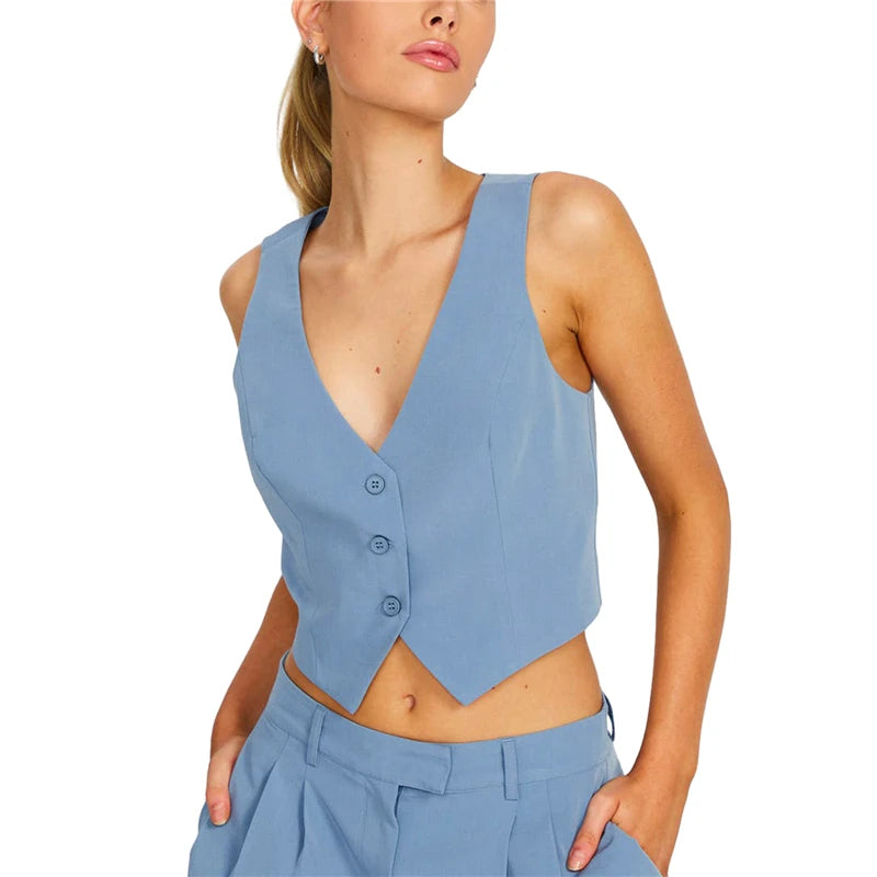 Chaleco para mujer Y2K, ropa de color sólido, corte entallado, cuello en V, sin mangas, con botones, top corto, prendas de vestir de moda