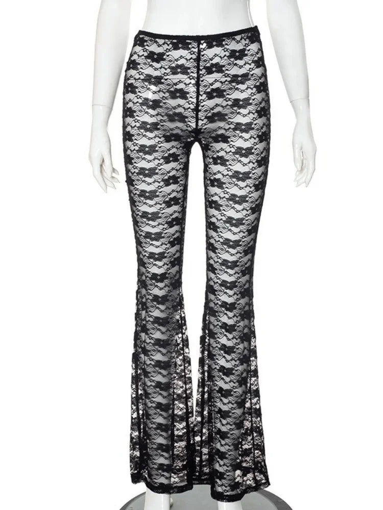 Pantalones largos acampanados informales de moda Y2K con diseño entallado de malla y retazos para mujer, pantalones de cintura alta con estampado floral y elásticos para mujer