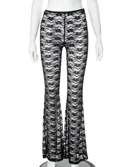 Pantalones largos acampanados informales de moda Y2K con diseño entallado de malla y retazos para mujer, pantalones de cintura alta con estampado floral y elásticos para mujer