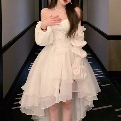 Elegantes vestidos de fiesta de noche para mujer, con mangas abullonadas, hombros descubiertos, con cordones, para boda, graduación, vestido de baile, corte A, Y2K, vestidos midi nuevos
