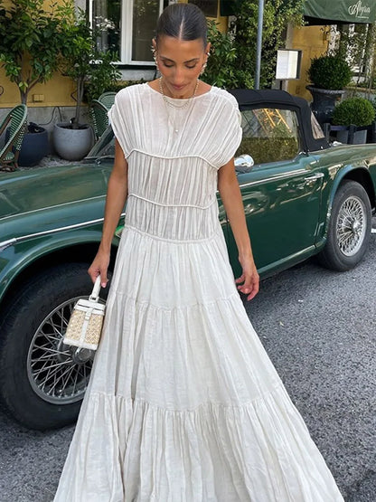 Vestidos largos plisados vintage para mujer, elegantes, sin espalda, cuello redondo, manga corta, para verano, primavera, fiestas, playa y vacaciones.