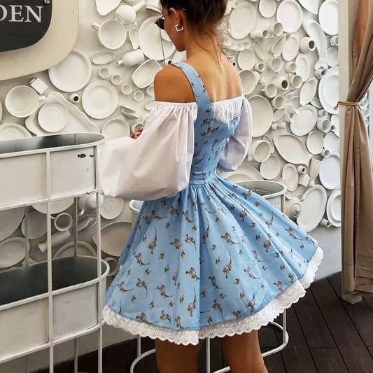 Vestido de fiesta de verano con mangas abullonadas y tirantes para mujer, dos piezas falsas con flores, sin tirantes, volantes, empalme, manga larga, con cordones