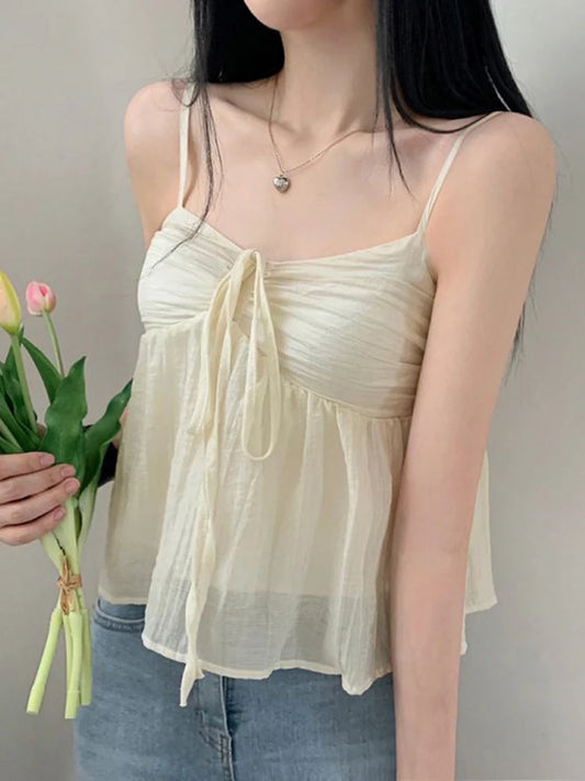 Fairycore Sweet Solid Shirring Camisole Women Summer Vacation Korean Clothing Crop Top