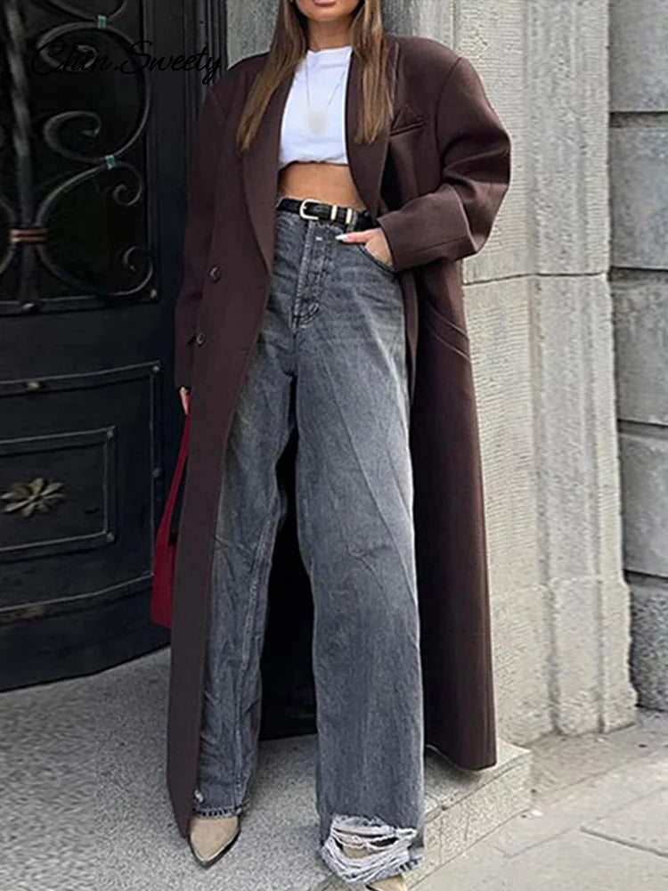 Elegant Lapel Pocket Woolen Long Trench Coat Women Fashion Full Sleeve Loose Overcoat  Autumn Winter Lady Commute Outwear