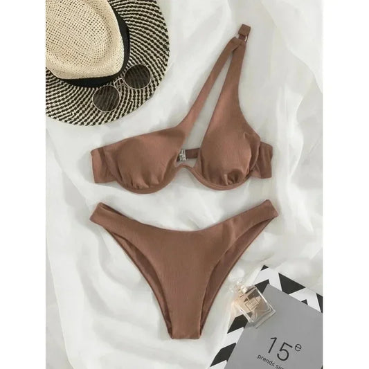 Luxury Two Pieces Solid Patchwork Underwire Push Up One Shoulder Cut Out Beachwear Swimwear Biqunis Brazilian Thong Bikini