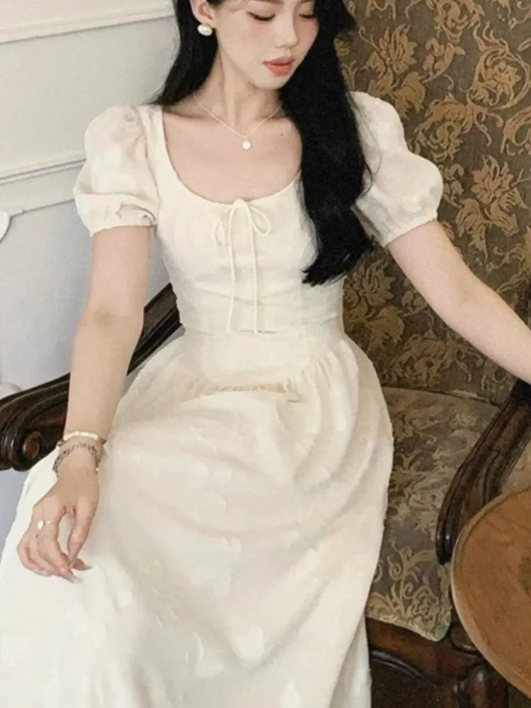 Elegantes vestidos midi para mujer, novedad de verano, manga abullonada, cuello cuadrado, corte A, vestido informal para fiesta de cumpleaños, vestido coreano de una pieza