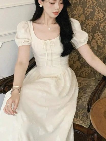 Elegantes vestidos midi para mujer, novedad de verano, manga abullonada, cuello cuadrado, corte A, vestido informal para fiesta de cumpleaños, vestido coreano de una pieza