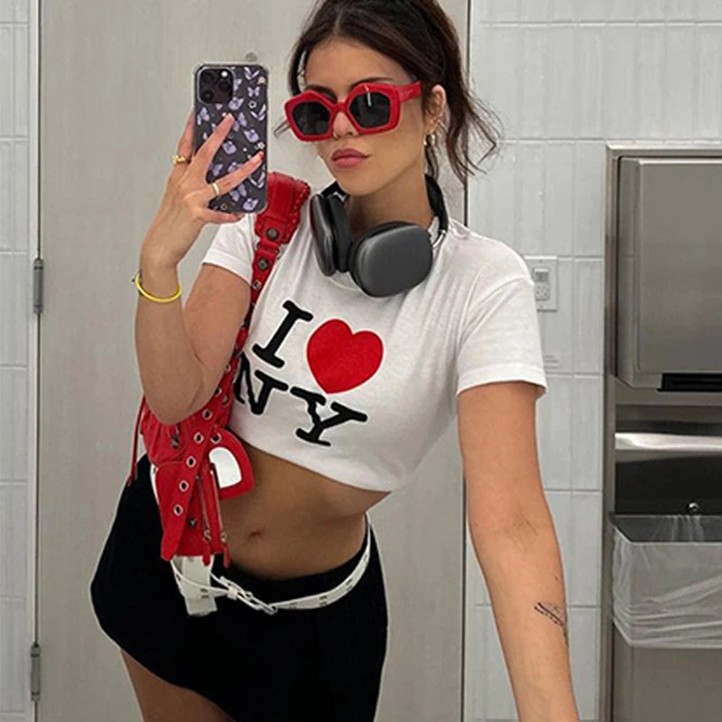 Camiseta de verano Y2K con cuello redondo, manga corta, letras estampadas, ombligo abierto, para mujer europea y americana