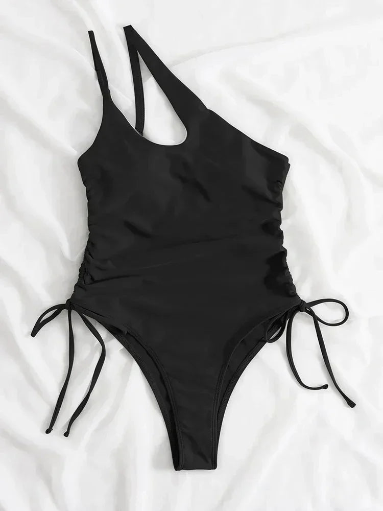 Sexy Deep V Neck One Piece Swimsuit Women Solid Yellow White Hollow Out Pleate Swimwear Beach Bandage Bathing Suit Monokini