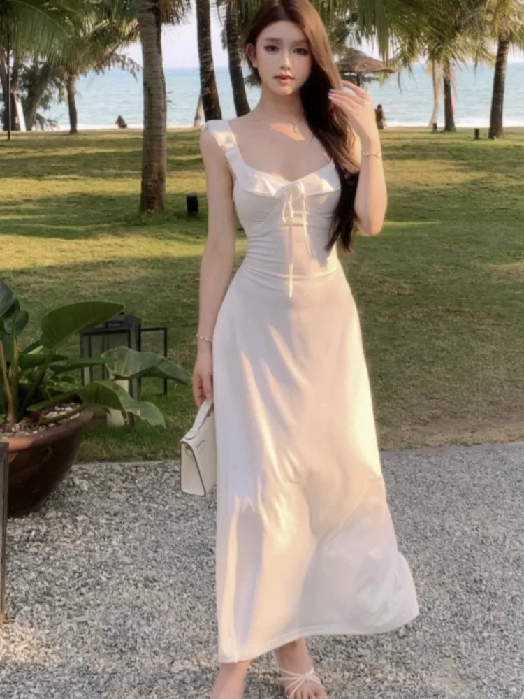 Vestidos de punto con tirantes finos para mujer, con cordones, ajustados, lisos, cuello cuadrado, elegantes, sexis, moda coreana, nuevos vestidos para mujer