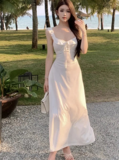 Vestidos de punto con tirantes finos para mujer, con cordones, ajustados, lisos, cuello cuadrado, elegantes, sexis, moda coreana, nuevos vestidos para mujer