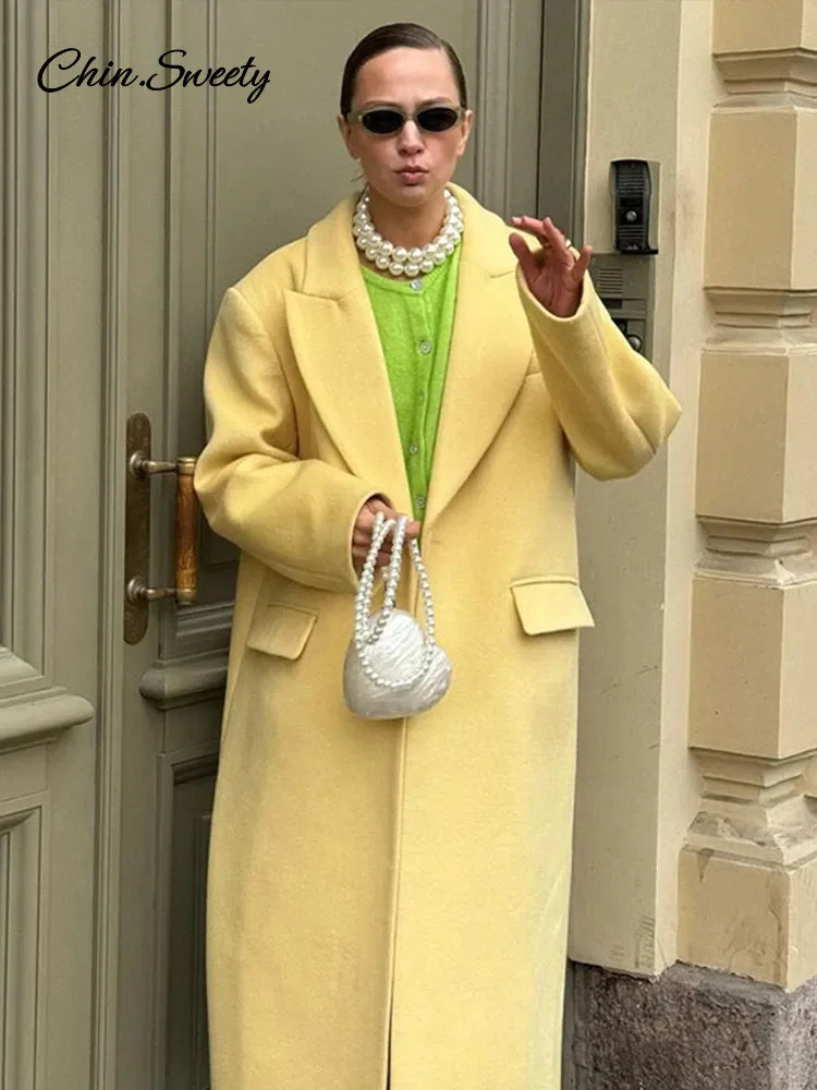 Abrigo largo de lana de moda para mujer, otoño, manga larga, botones, bolsillo falso, amarillo dividido, abrigo elegante de gran tamaño, nuevo en prendas de vestir exteriores