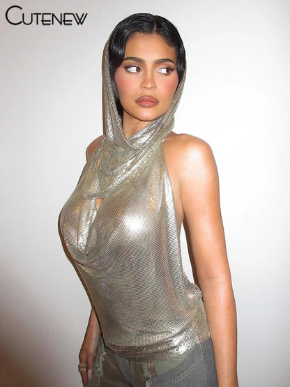 Sexy Chain Backless Tank Top Suit Women Halter Low Swinging Collar Indie Folk Silver-sequins Vest with Scarf High Street