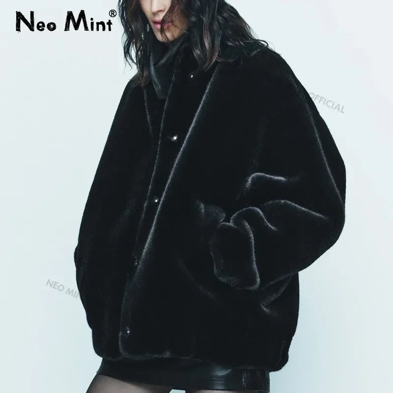 Abrigo de felpa extragrande para mujer, chaqueta de invierno gruesa y cálida acolchada de piel sintética de conejo, chaqueta bomber con pelo grueso para adolescentes.